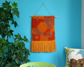 Woven wall hanging. Retro orange and mustard geometric wall art. Modern fiber art. Upcycled yarn.