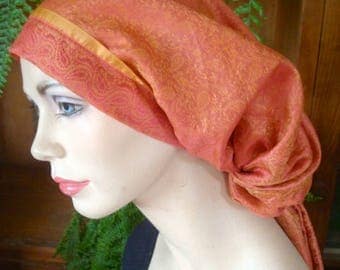 Womens headscarf snood tichel chemo headcover boho headwrap turban soft orange ooak pretied head scarf