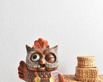 large winking waving ceramic owl cookie jar / kitschy kitchen decor