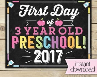 Girl First Day of 3 year old Preschool Sign Printable - 1st Day of Preschool - First Day of School Sign - Chalkboard Sign - Instant Download