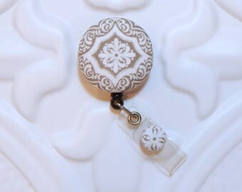 Retractable Badge Holder - Nurse Badge Reel - Id Holder - Badge Lanyard - Id Badge Holder - Name Badge Holder - Gray And White