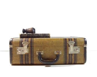 Vintage Tweed Striped Suitcase / Vintage Luggage