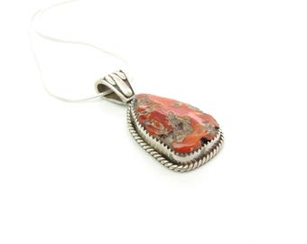 Coral Pendant Necklace. Signed Sarah Chee, Navajo Artisan. Natural Red Coral. Sterling Silver Snake Chain. Vintage Native American Jewelry