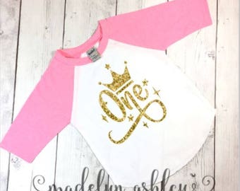 Girls Birthday Shirt-Birthday Girl Shirt-Girls Birthday Clothes-Girls First Birthday Shirt-Pink Raglan Shirt With Glitter Gold Writing