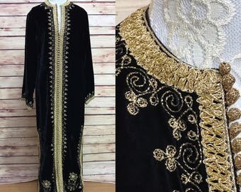 Vintage Black Gold Silk Velvet Moroccan Caftan Kaftan