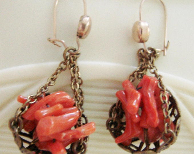 Antique Branch Coral Chandelier Drop Earrings / Filigree / Vintage Jewelry / Jewellery