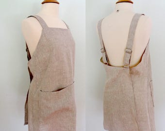 Linen Japanese Apron, Adjustable, Garden Apron, Artist Apron in Gray Short or Long Length, Gift for the Gourmand