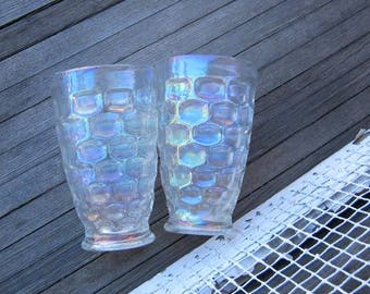 2 Vintage Federal Glass 5 1/4"Tumblers; Iridescent Rainbow-Reflective Drinking Glasses' 'Thumbprint' Pattern