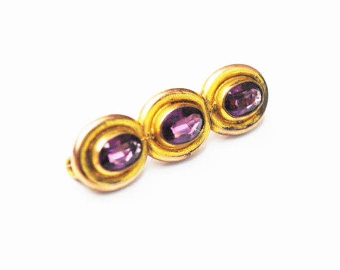 Small Vintage Bar Brooch - Amethyst Purple glass - Gold filled - C clasp Pin