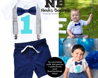 Cake Smash Outfit Boy Grey Navy Aqua - Chevron - Navy Pants - Boys First Birthday Outfit - Set - Suspenders Bow Tie - Photo Prop - 1st