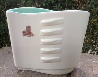 VIntage RedWing Vase Art Deco White Turqouise Glaze Original Art Pottery Tag 1400