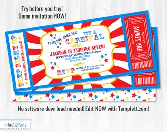 Carnival Invitations - Carnival Theme Party - Carnival Birthday Invitation - Carnival Ticket - INSTANT DOWNLOAD - Edit with Templett.com