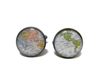 World MAP CUFFLINKS - Intercontinental Map Cuff links - Vintage World Map - USA City Map - Map Cufflink - Groomsmen cufflink