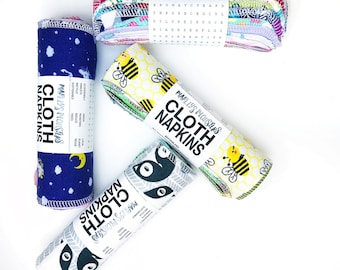 12 Reusable CLOTH NAPKINS. Great for back to school kids! You choose prints