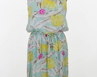 Vintage 1970s Seafoam Green Banana and Hibiscus Print Dress by La Feur California Size L
