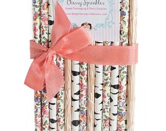 WILD FLOWER MEADOWS -Flower Straws - Wood Grain paper straws - Woodland party - Rustic Wedding Decor - Cake Pops - Party Decor -Birch Straws