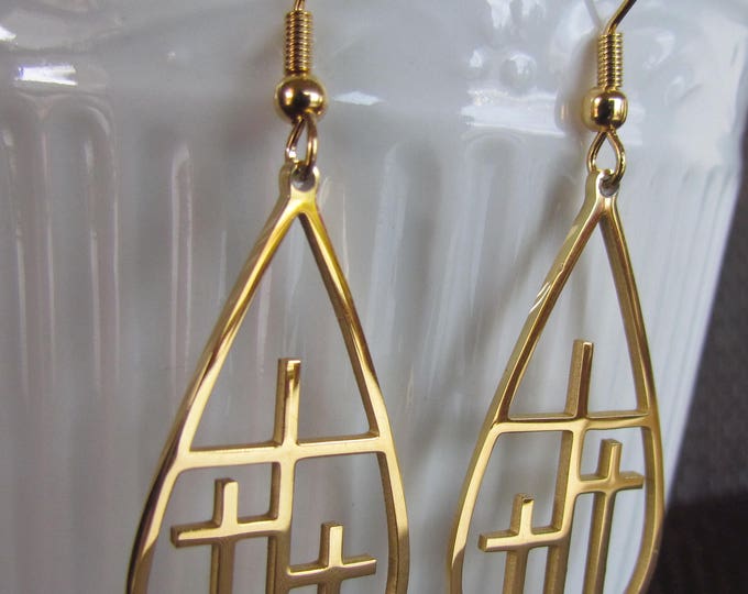 Calvary 3 Three Cross Earrings Necklace Silver Gold Cutout Teardrop Womans Girls Christian Jewlery - Saint Michaels Jewelry