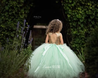 Angelica Mint Flower Girl Dress, Mint and Gold Sequin Flower Girl Dress