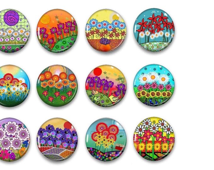 Whimsical Flower Garden Refrigerator Magnets - Gift for Her - Fridge Magnets - Pins - Buttons - Party Favor - Easter - Mothers Day - Gift