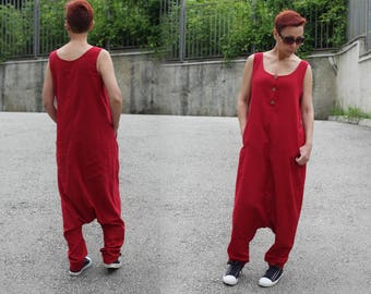 Linen Jumpsuit / Red Jumpsuit / Plus Size / Harem Jumpsuit / Drop Crotch Jumpsuit / Romper / Womens Jumpsuit / Loose Jumpsuit SW20417R