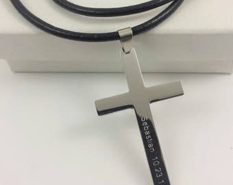 FREE SHIPPING-Personalized Cross Necklace, Stainless Steel Custom Necklace,Men Cross Necklace,Engraved Silver Necklace,Leather Men Necklace