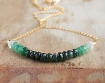 Ombre Emerald Necklace, May Birthstone, Emerald Row Necklace, Silver or Gold Emerald Jewellery, Green Ombre Layering Necklace