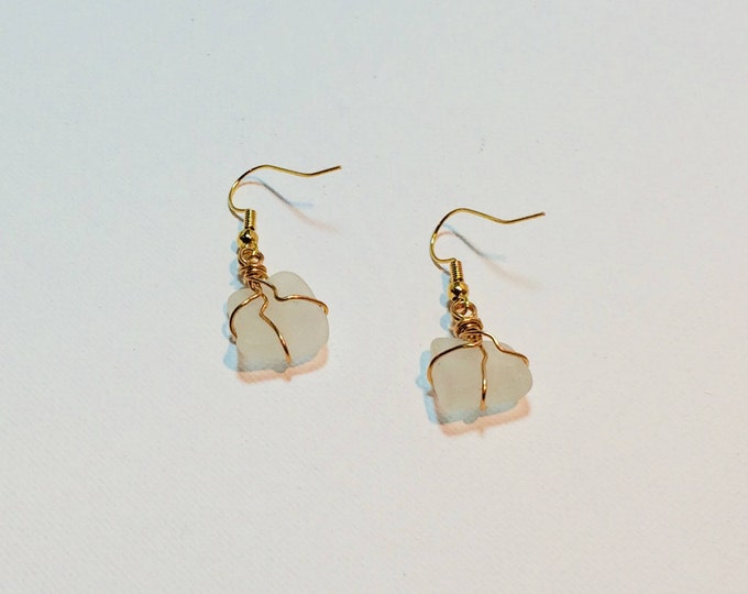 Cute tiny pieces of white beach glass earrings gold color wire wrap