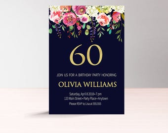 Floral 60th Birthday Invitations for Women, Blue and Gold Birthday Invitations Instant Download, Elegant Birthday Invitation, Navy Gold