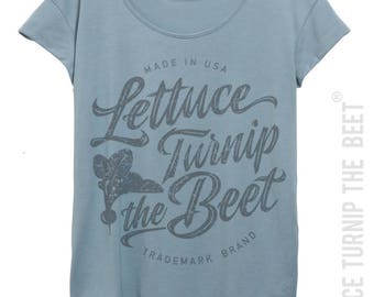 lettuce turnip the beet ® trademark brand OFFICIAL SITE - blue women's t shirt with cursive grey logo - yoga, foodie, farmers market tee