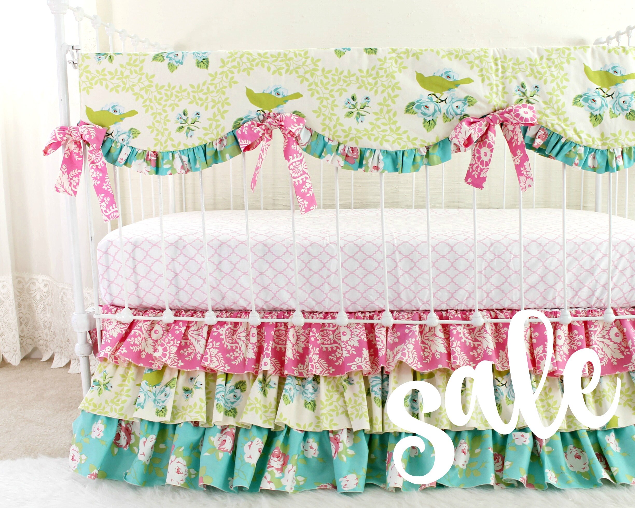 Floral Crib Bedding SALE Pink and Teal Roses baby girl