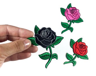 Rose Patch / Iron-on Patches / Rose Tattoo / Black Rose / Pink Flower Embroidery / DIY Denim Jacket