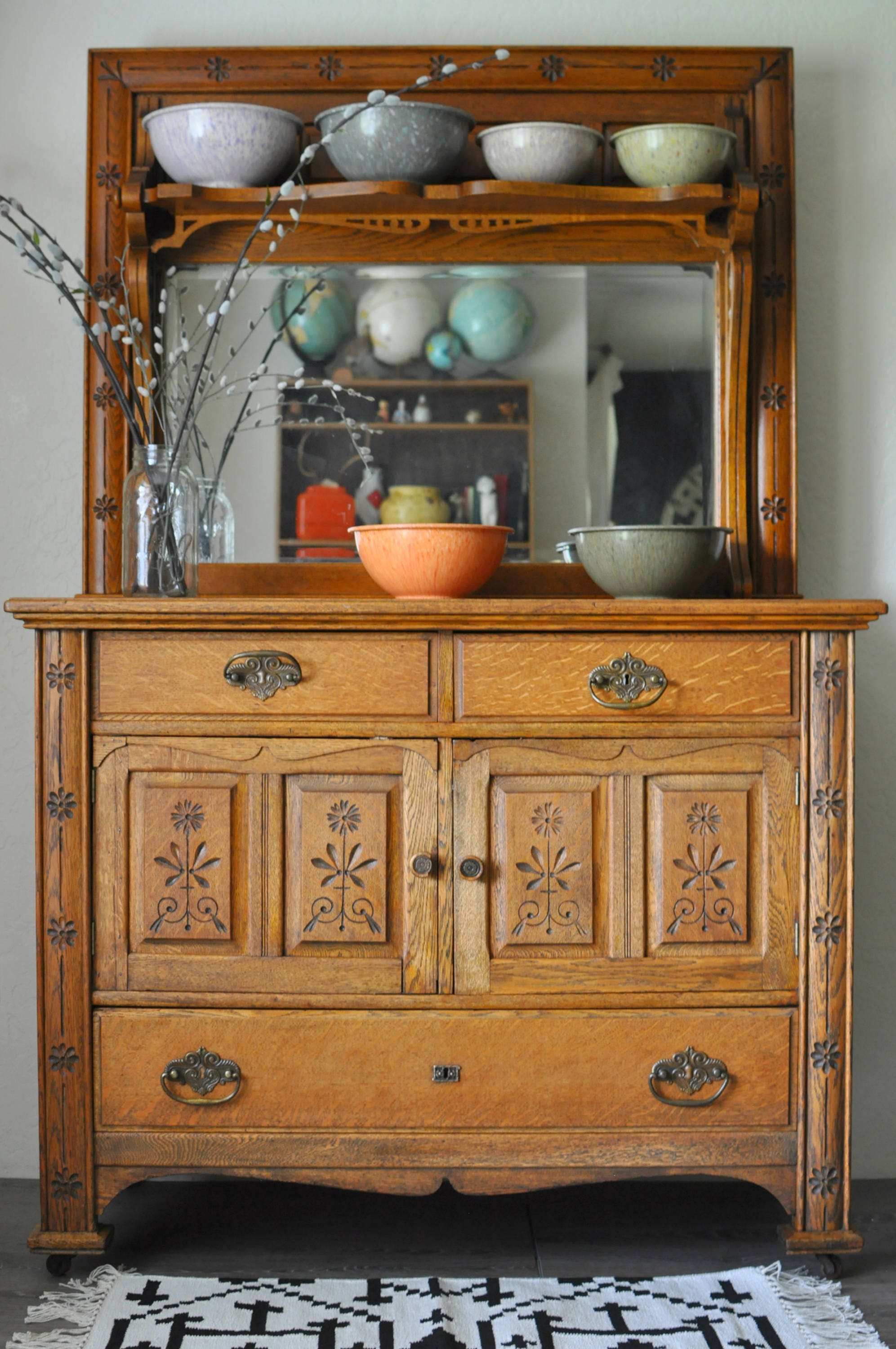 Victorian Eastlake Style Oak Sideboard Buffet Cupboard Cabinet