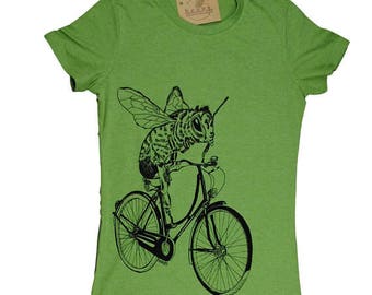 Graphic Tee Shirts for Women - Honey Bee Tshirt - Green Tee - Womens Funny Tshirt - Trendy Womens Clothes Bee on a Bike - Bee Tees