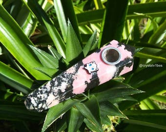 Custom Made Jigglypuff Rhodonite Crystal Pipe ~ Handcrafted Pokemon Gemstone Wand Pipe ~ Pink Black Non Glass Smoking Pipe