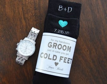 Groom Embroidered Wedding Dress Socks | In Case You Get Cold Feet | Gifts from Bride to Groom | Wedding Gifts | Socks | Includes Label