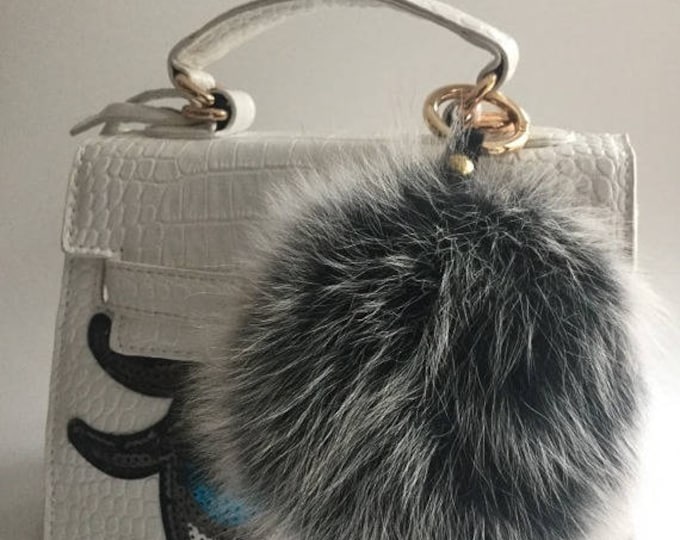 Luxury Oversized Genuine Fox Fur Pom Pom Keychain Bag Pendant BLACK/WHITE frost 14 cm diameter