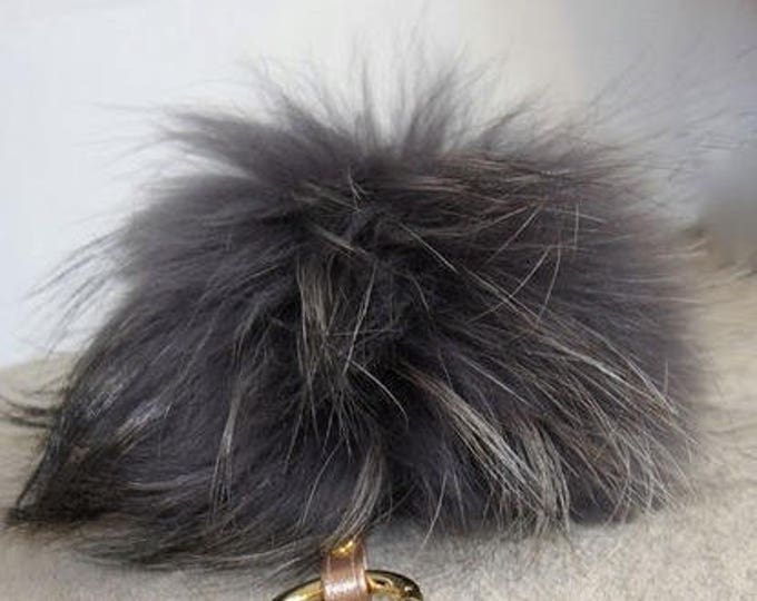 Genuine Fur Pom Pom luxury bag pendant with real leather strap buckle clasp bag charm totem GREY