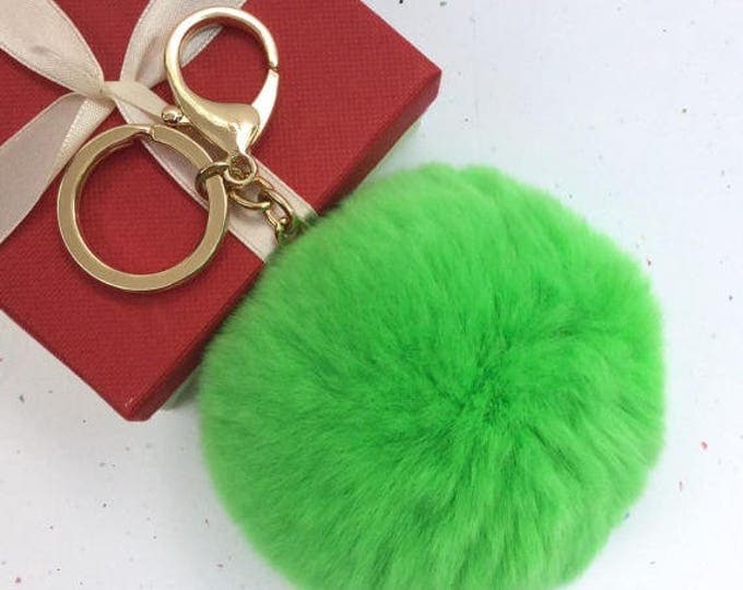 Fur pom pom keychain keyring fur ball bag charm Rex Rabbit Fur in neon green