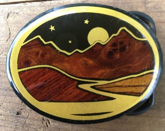 Vintage Brass Belt Buckle Colorado Mountains Wood Inlay Western Belt Buckle