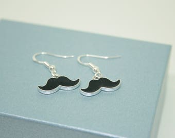 Moustache Earrings, Enamel Earrings, Movember, Sterling Silver Earrings