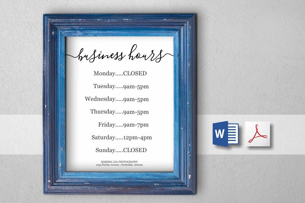 Printable Business Hours Template Holiday Hours Sign / Print PDF