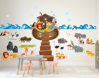 Giant Noah's Ark Wall Decal // Noah with Animals Ark Wall Sticker // Complete Noah's Ark with Animals - WDSET10056