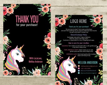 Thank You Card, Personalization, Return/Exchange Policy, Fashion Retailer, Return/Care/Policy, Unicorn and Flowers, Digital File LLR031