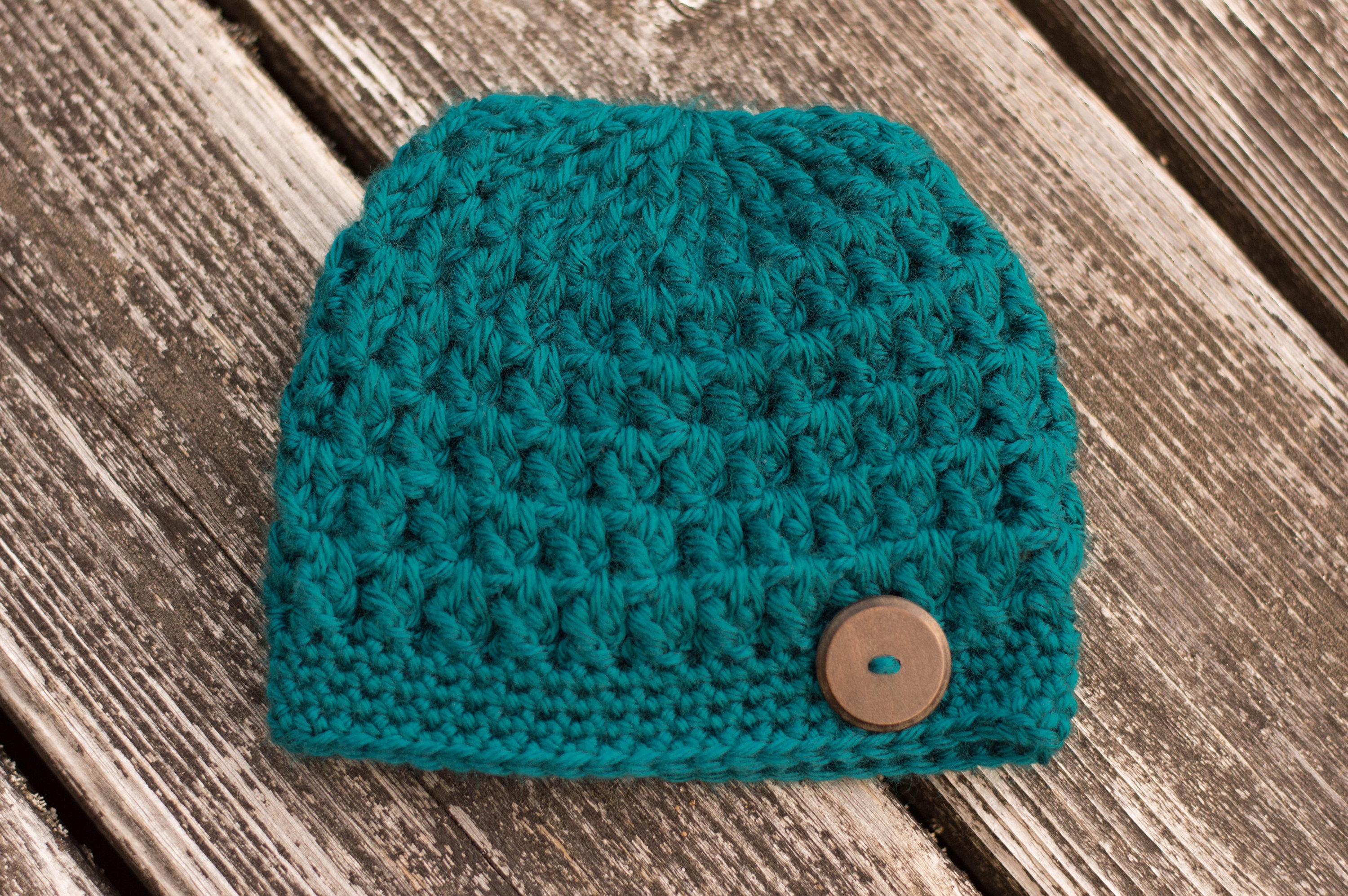 handmade crochet 6-12 month beanie with wood button