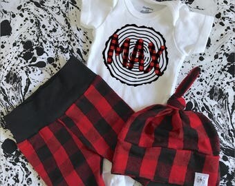 Lumberjack Birthday Outfit, Baby Boy Name Outfit, Baby Boy Set, Lumberjack Baby Set, Buffalo Plaid, Knot Hat, Baby Knot Hat, Baby Leggings