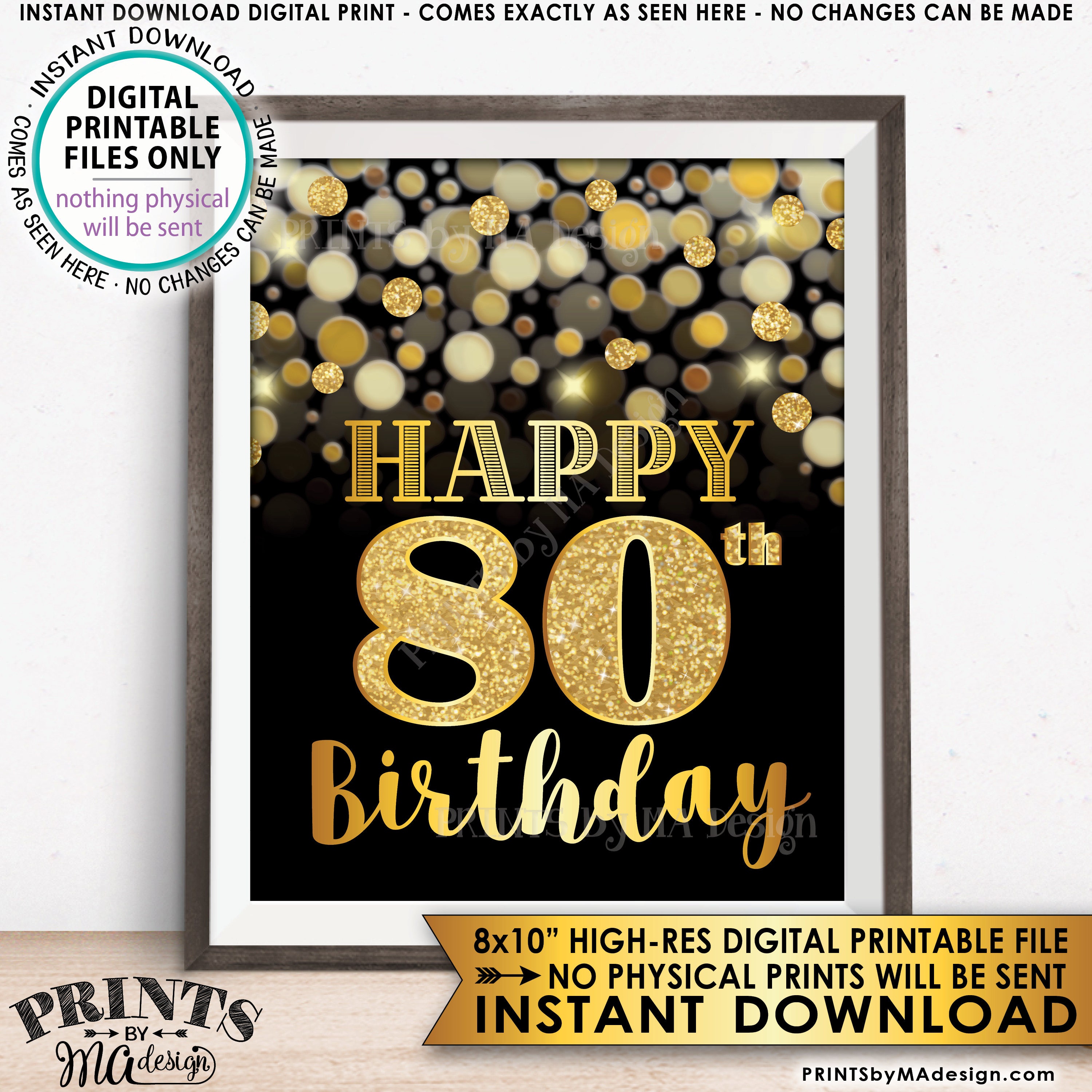 80th Birthday Sign, Happy Birthday, 80 Golden Birthday Card, 80 Years ...