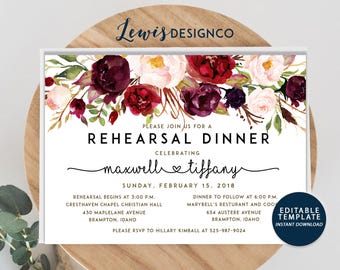 Watercolor Floral Rehearsal Dinner Invitation, Fall Wedding Invitation, , Flower Party Invite, Wedding Card, Editable Printable pdf jpeg