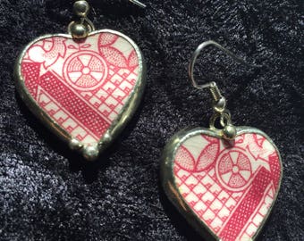 ART DECO HEARTS - Pique-Assiette English Porcelain and Sterling Silver Earrings