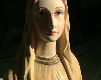 Vintage Bust of Madonna - Our Lady of Lourdes - Virgin Mary - French Antique Religious Chalkware - Plaster Bust Maria - Bust Sainte Vierge