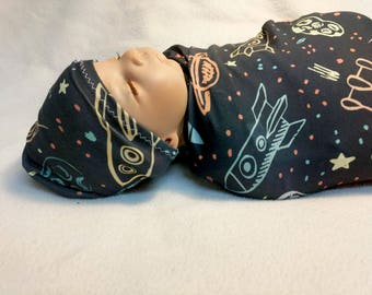 Space Voyage Swaddle Blanket or Swaddle Sack w/ Matching Headband or Beanie, Newborn Baby Boys Girls, Rocket swaddle, space swaddle, nursery